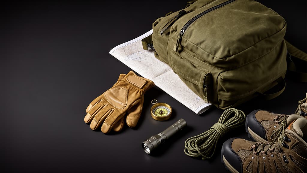 Editorial flat lay of unbranded field gear arranged on a dark surface