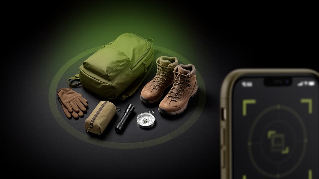 Editorial scene of unbranded field gear framed by a camera scanning overlay