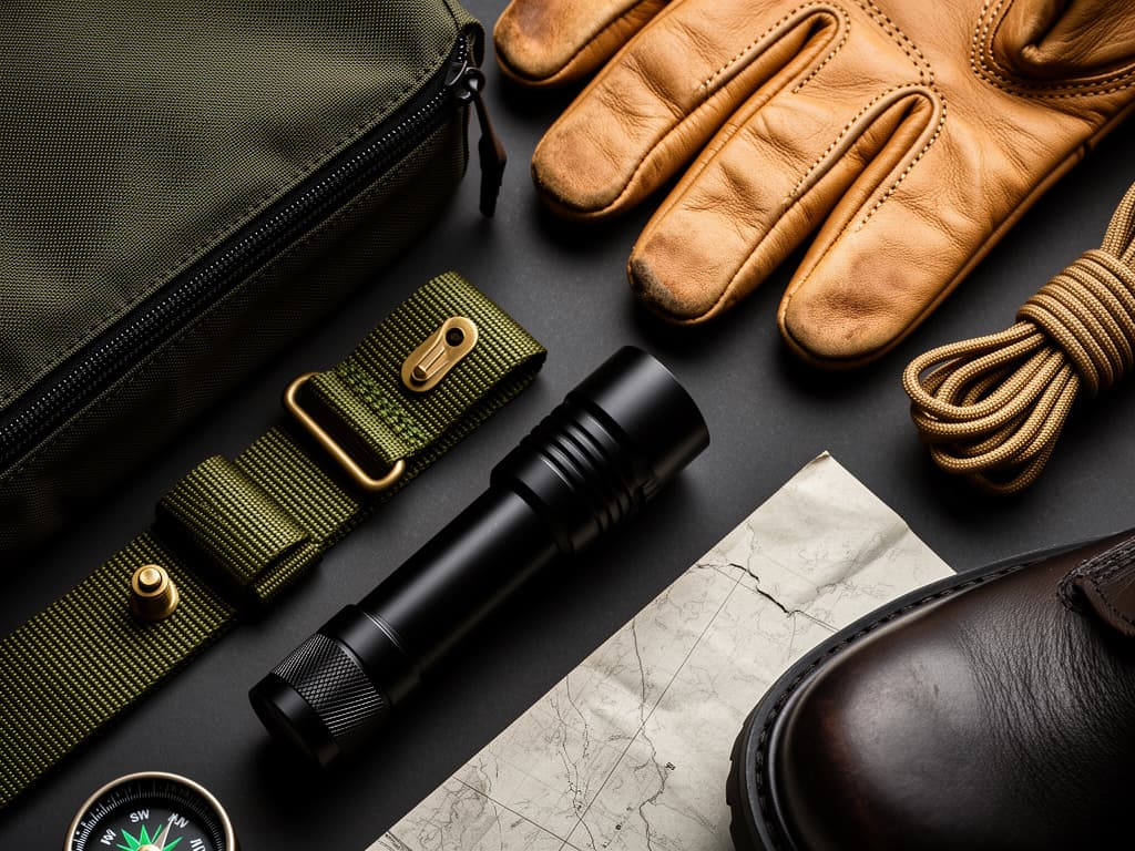 Editorial close-up flat lay showing unbranded field gear materials and components
